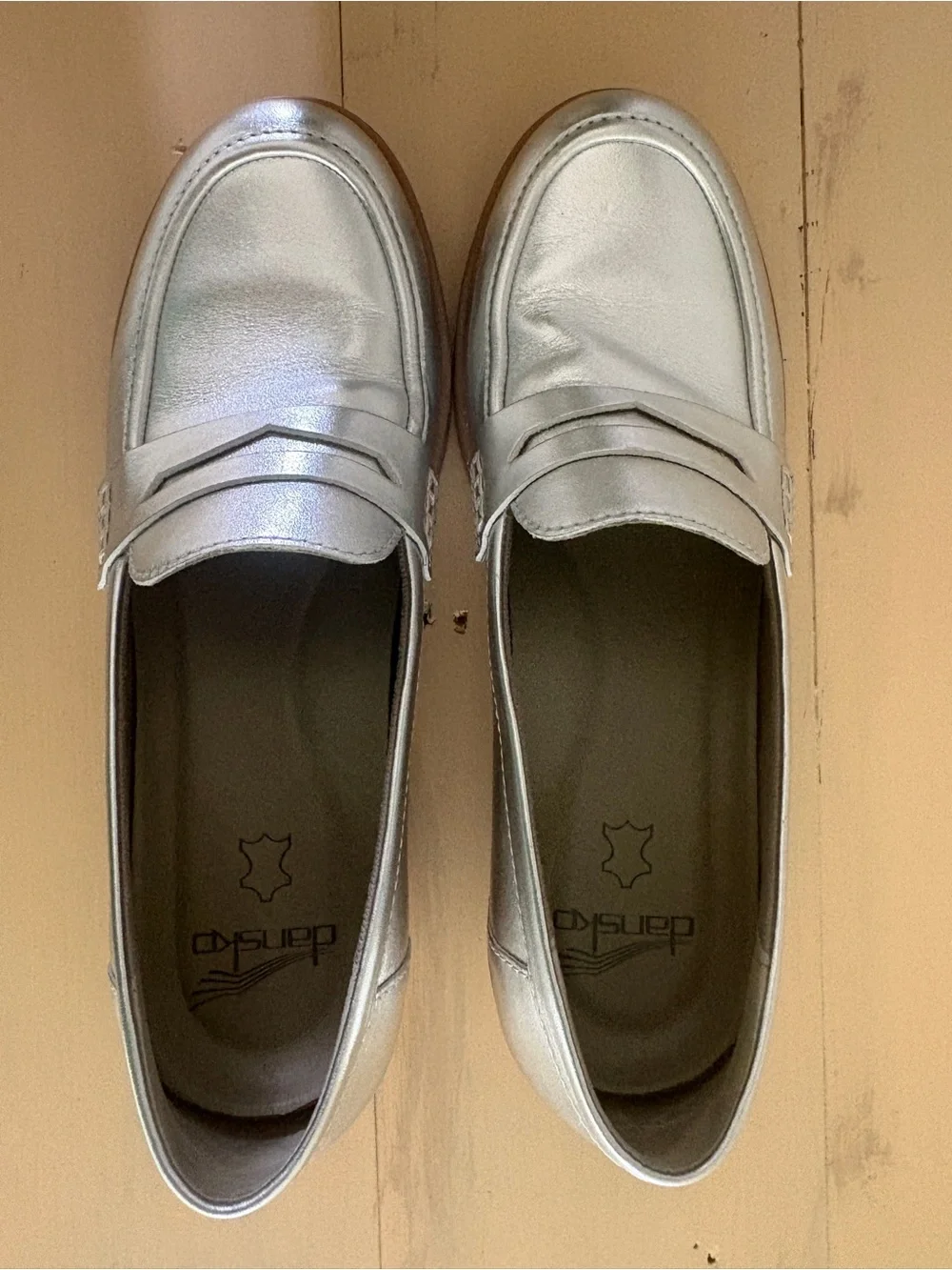 Dansko Metallic Silver Leather Penny Loafers